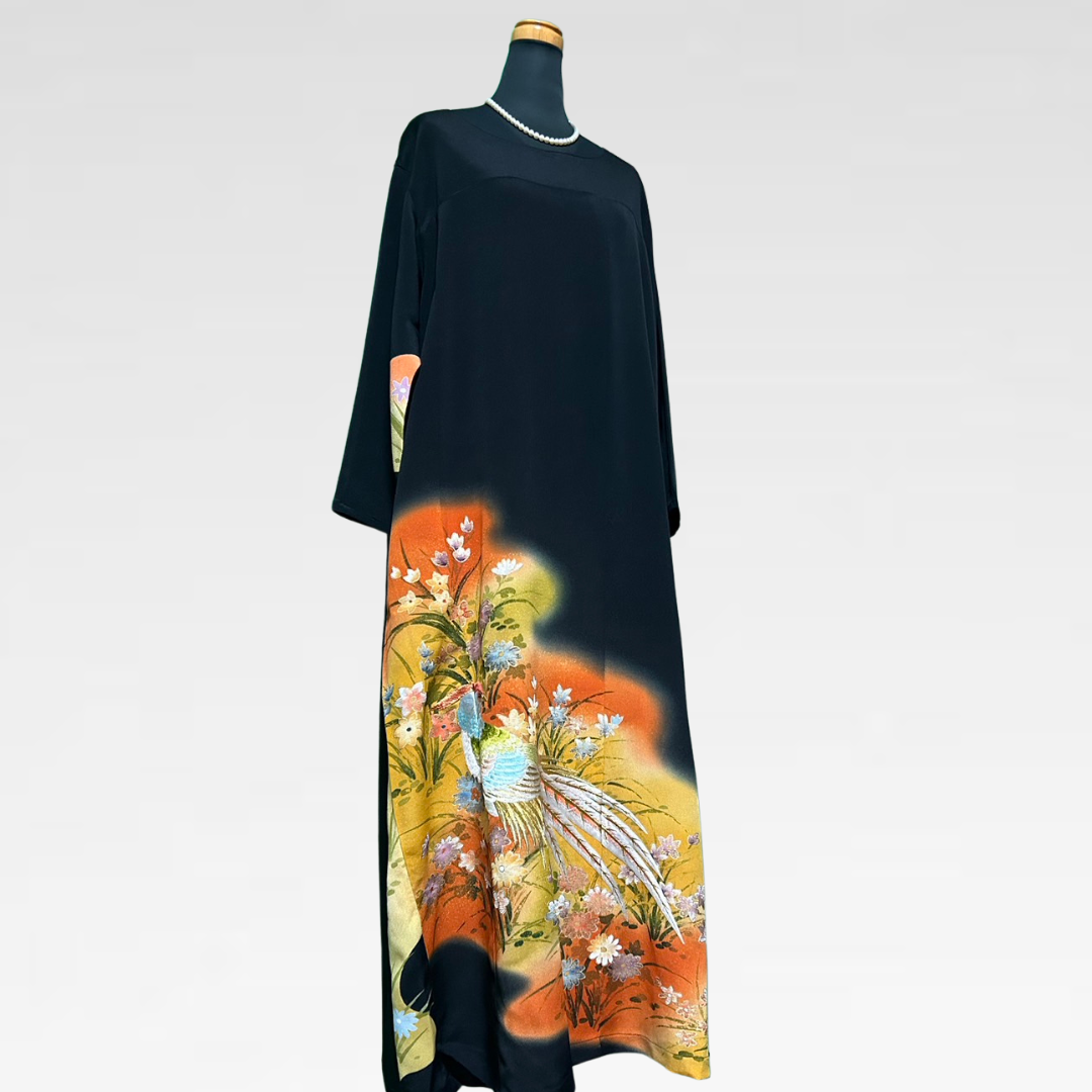 Black Ro Furisode Peacock Embroidery and Autumn Flowers Kimono Dress