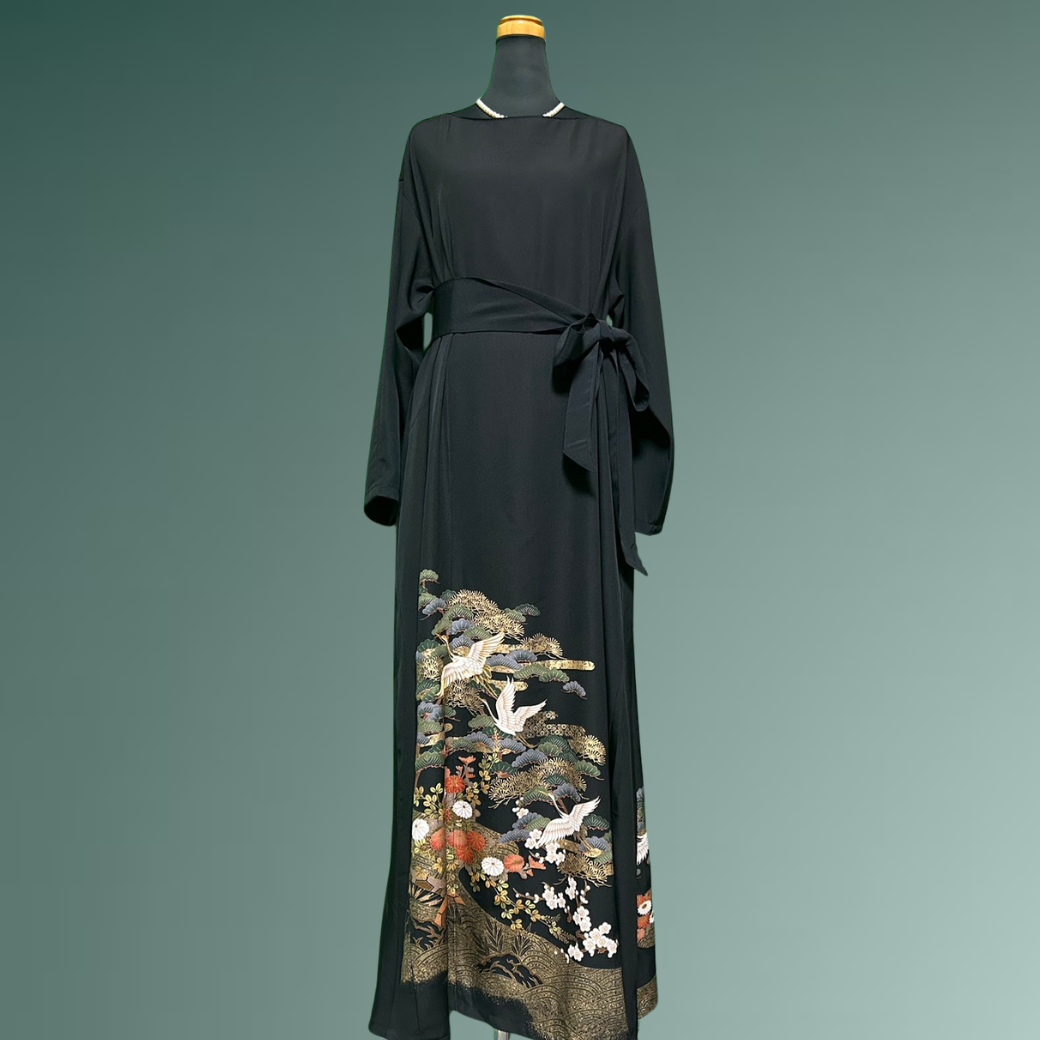 Black Ro Furisode Soaring Cranes and Pine, Bamboo, and Plum Kimono Dress