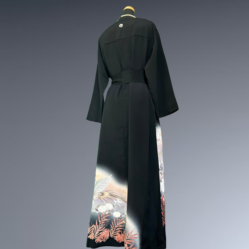 Black Ro Furisode Long-tailed Bird, Peony, and Plum Blossom Kimono Dress