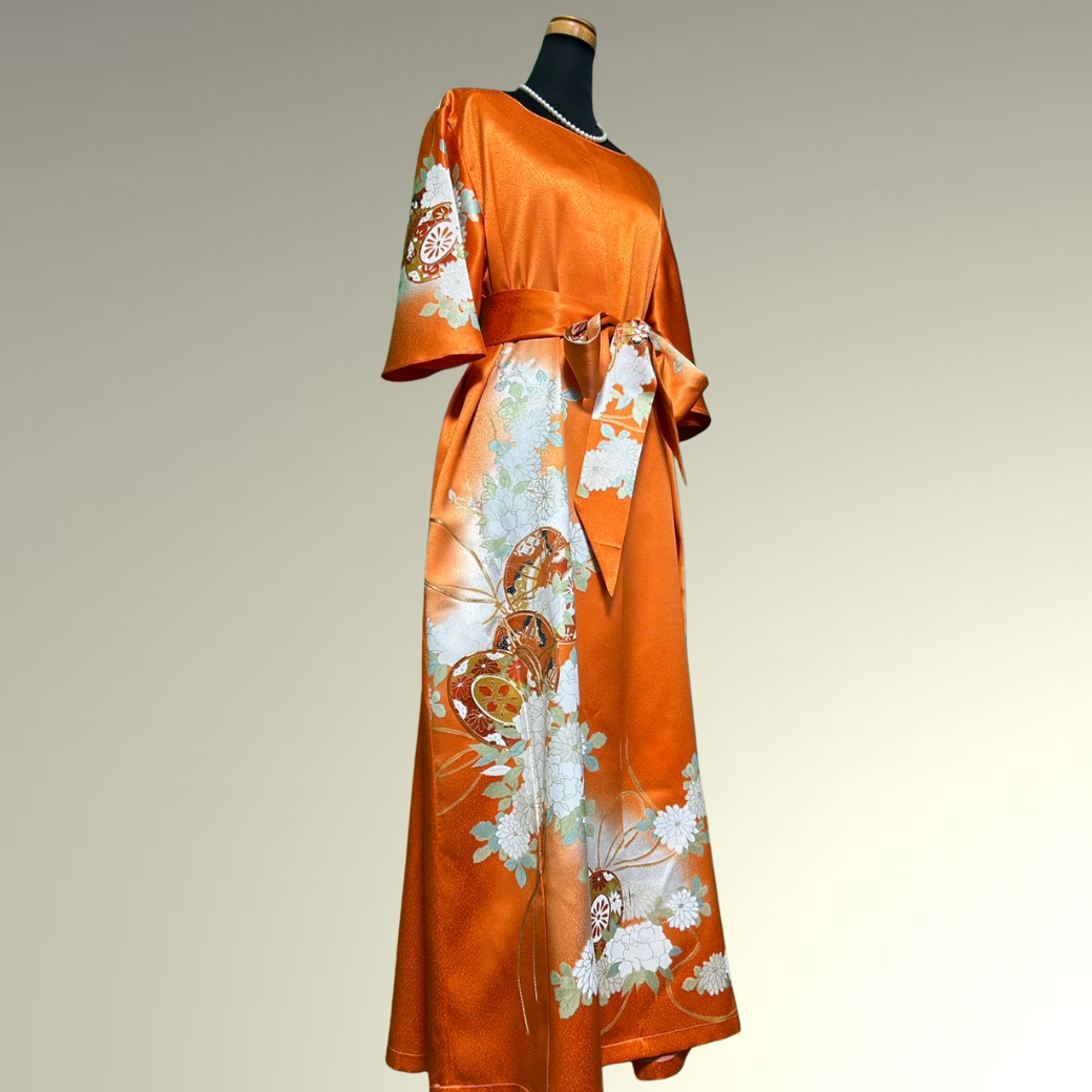 Furisode Kimono Dress with Embroidered Drum and Peony Motifs