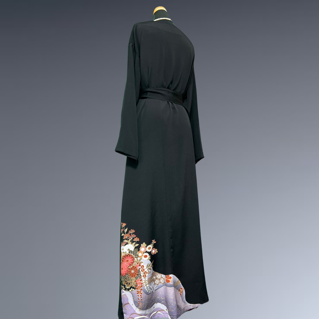 Black Ro Furisode Ripple Pattern and Flower Cart Kimono Dress