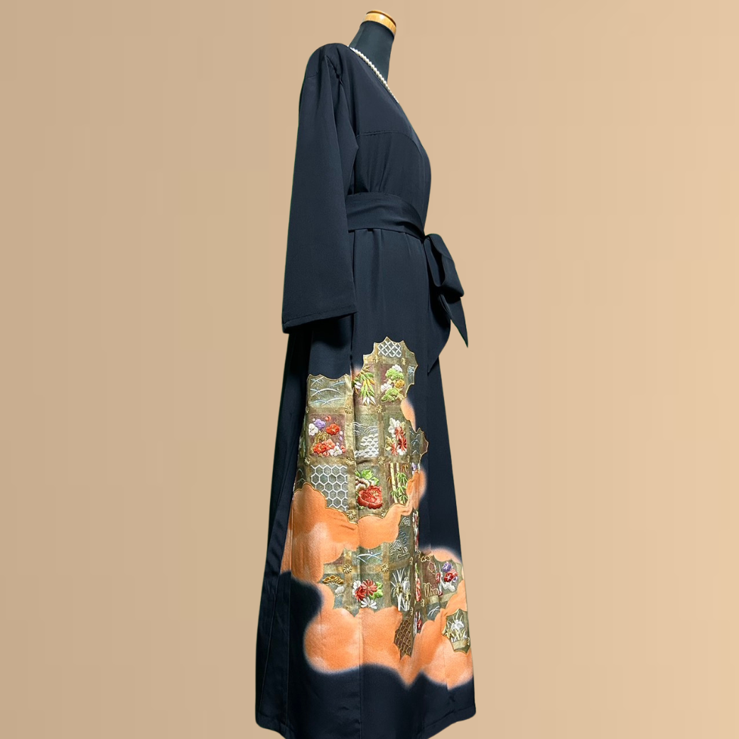 Black Ro Furisode Embroidered Seasonal Flower Pattern Kimono Dress