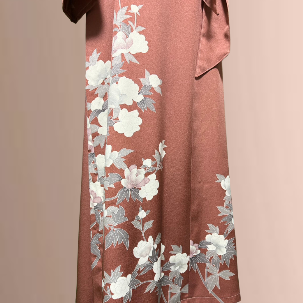 Houmongi Kimono Dress – Coral with White Blossoms