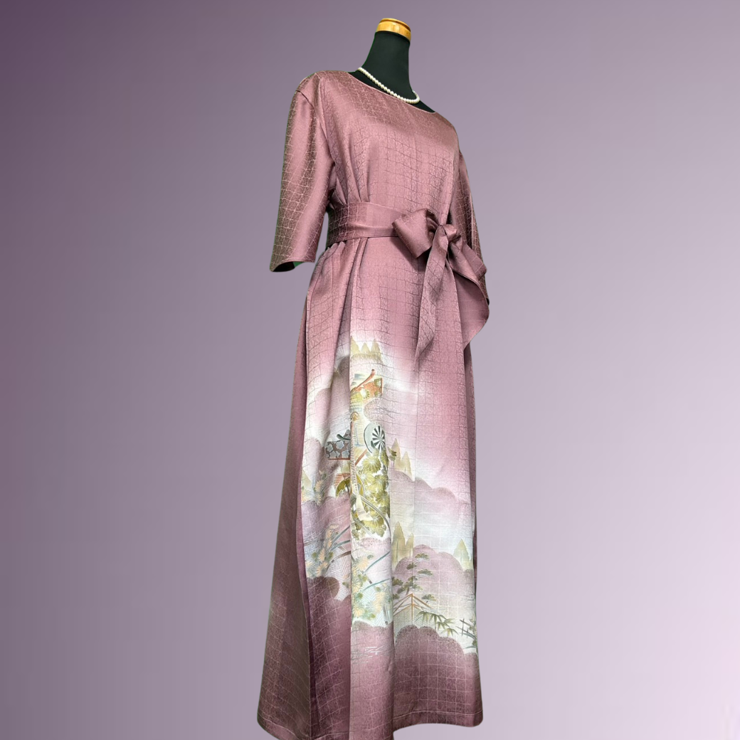 Tsukesage Kimono Dress with Gosho Carriage and Floral Fence Pattern