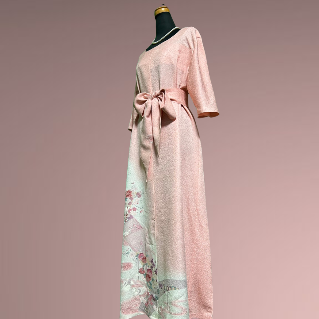 Tsukesage Kimono Dress with Dancing Fans and Flowing Water Pattern