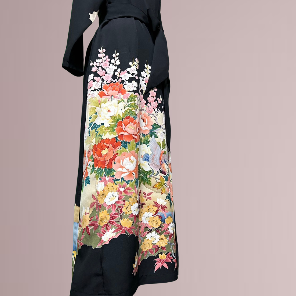 Black Ro Furisode Artisanal Peony and Lovebirds Pattern Kimono Dress