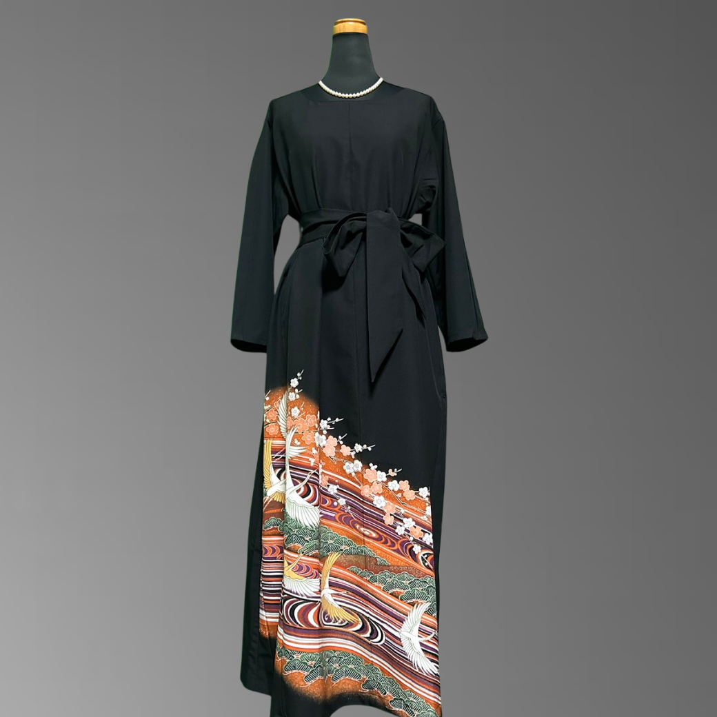 Black Ro Furisode Crane and Pine Plum Kimono Dress with Kabuki-Inspired Colors