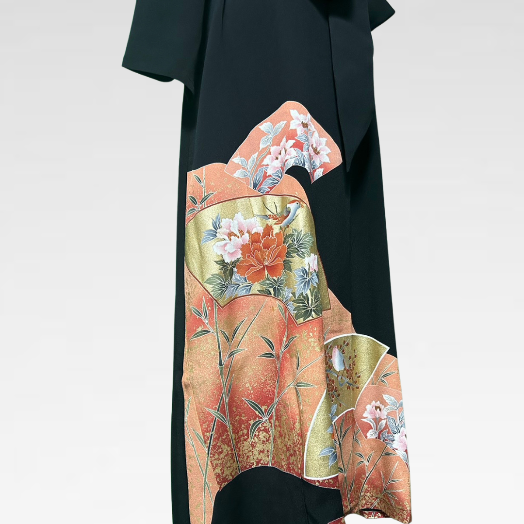 Black Ro Furisode Fan with Flowers and Birds Kimono Dress