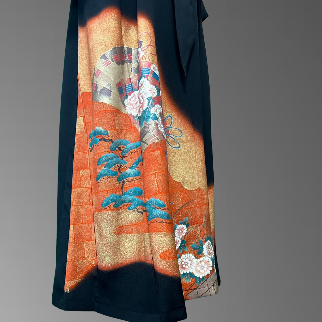 Kurotomesode Hioogi Pine and Chrysanthemum Pattern Kimono Dress