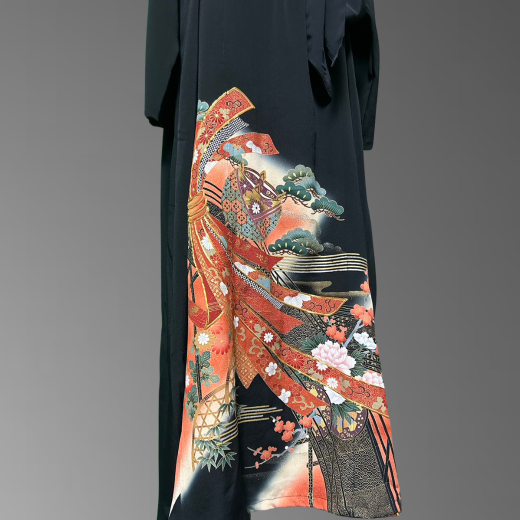 Black Ro Furisode Bridge Pattern with Gold Trimmed Nosh Kimono Dress