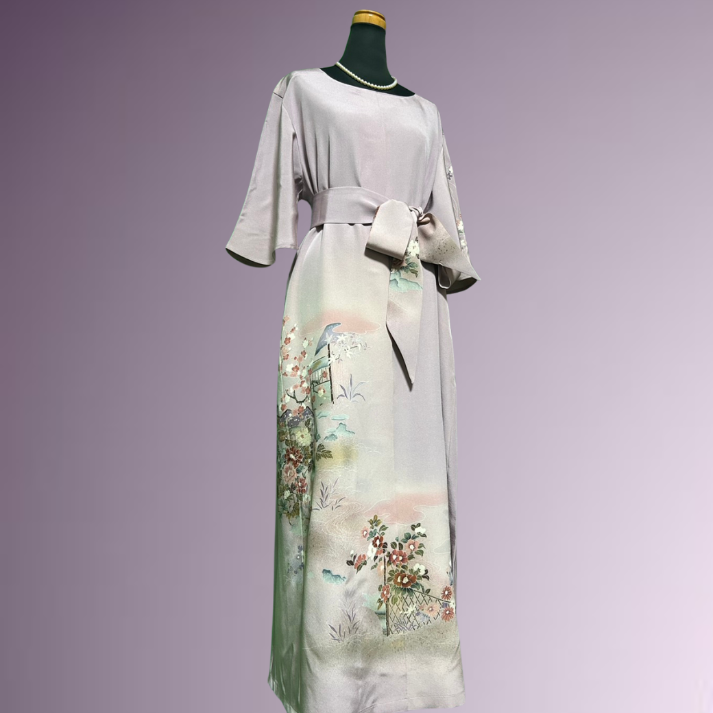 Iro-tomesode Kimono Dress with Gold Leaf, Floral Fence, and Flowing Water Pattern