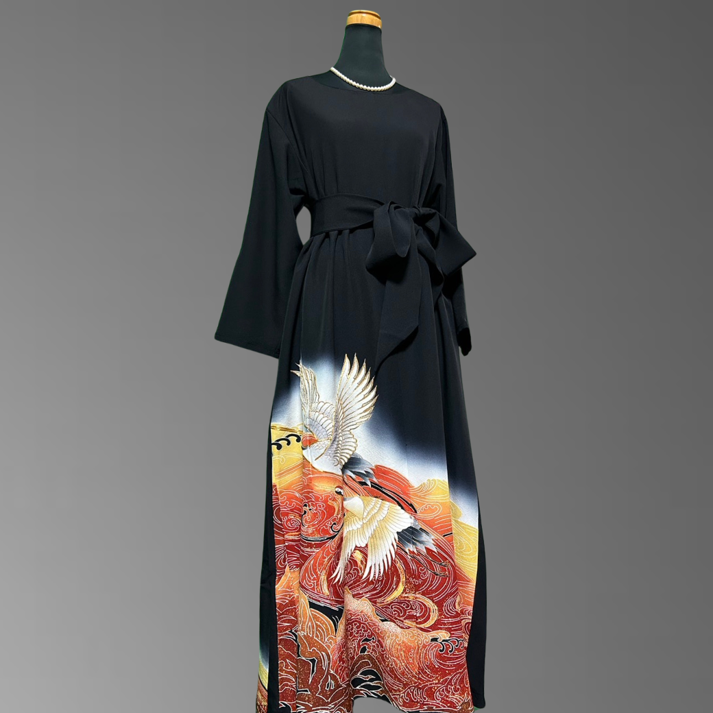 Black Ro Furisode Artisanal Crane and Ripple Pattern Kimono Dress