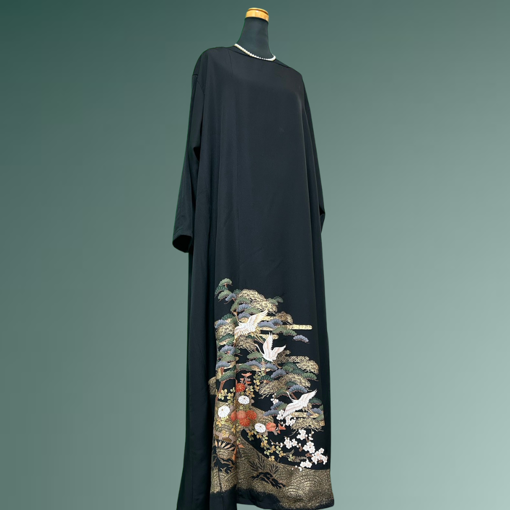 Black Ro Furisode Soaring Cranes and Pine, Bamboo, and Plum Kimono Dress