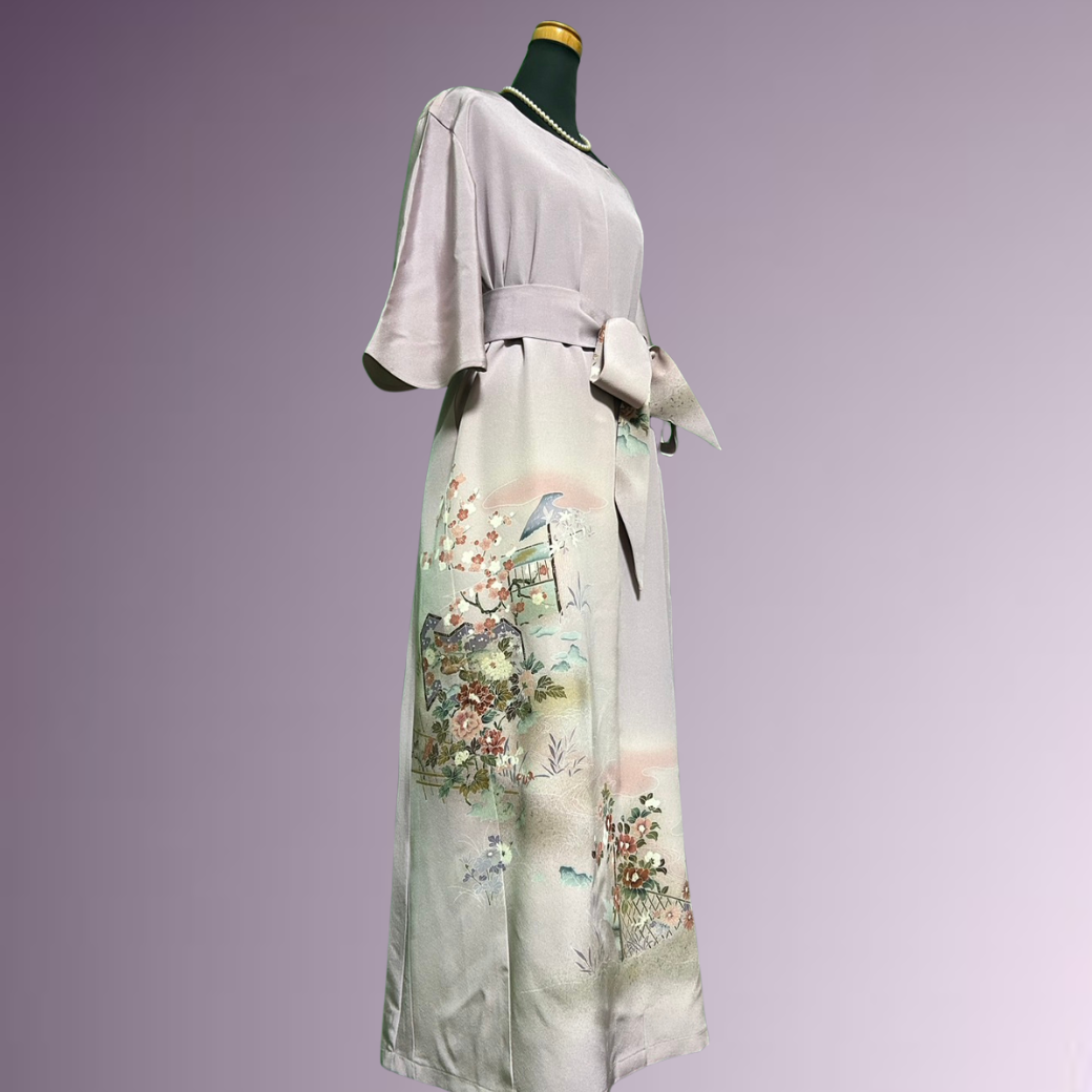 Iro-tomesode Kimono Dress with Gold Leaf, Floral Fence, and Flowing Water Pattern