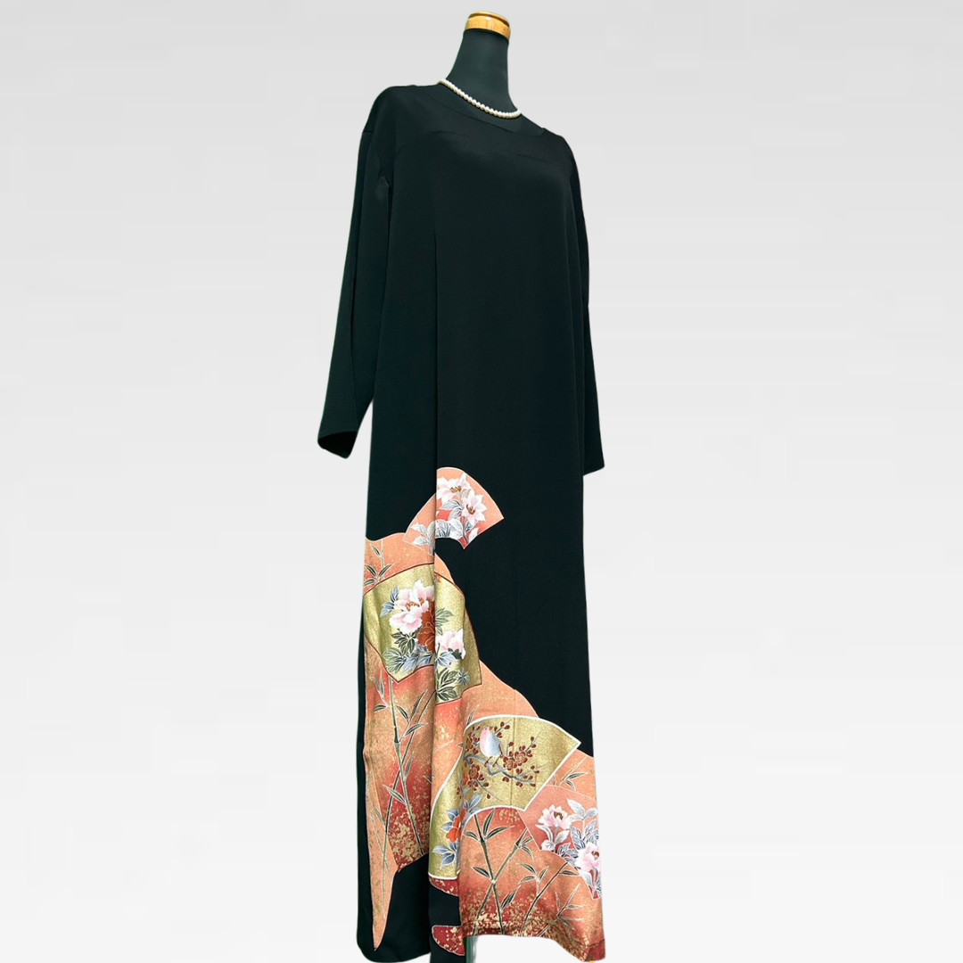 Black Ro Furisode Fan with Flowers and Birds Kimono Dress