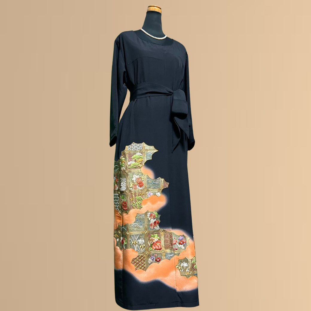 Black Ro Furisode Embroidered Seasonal Flower Pattern Kimono Dress