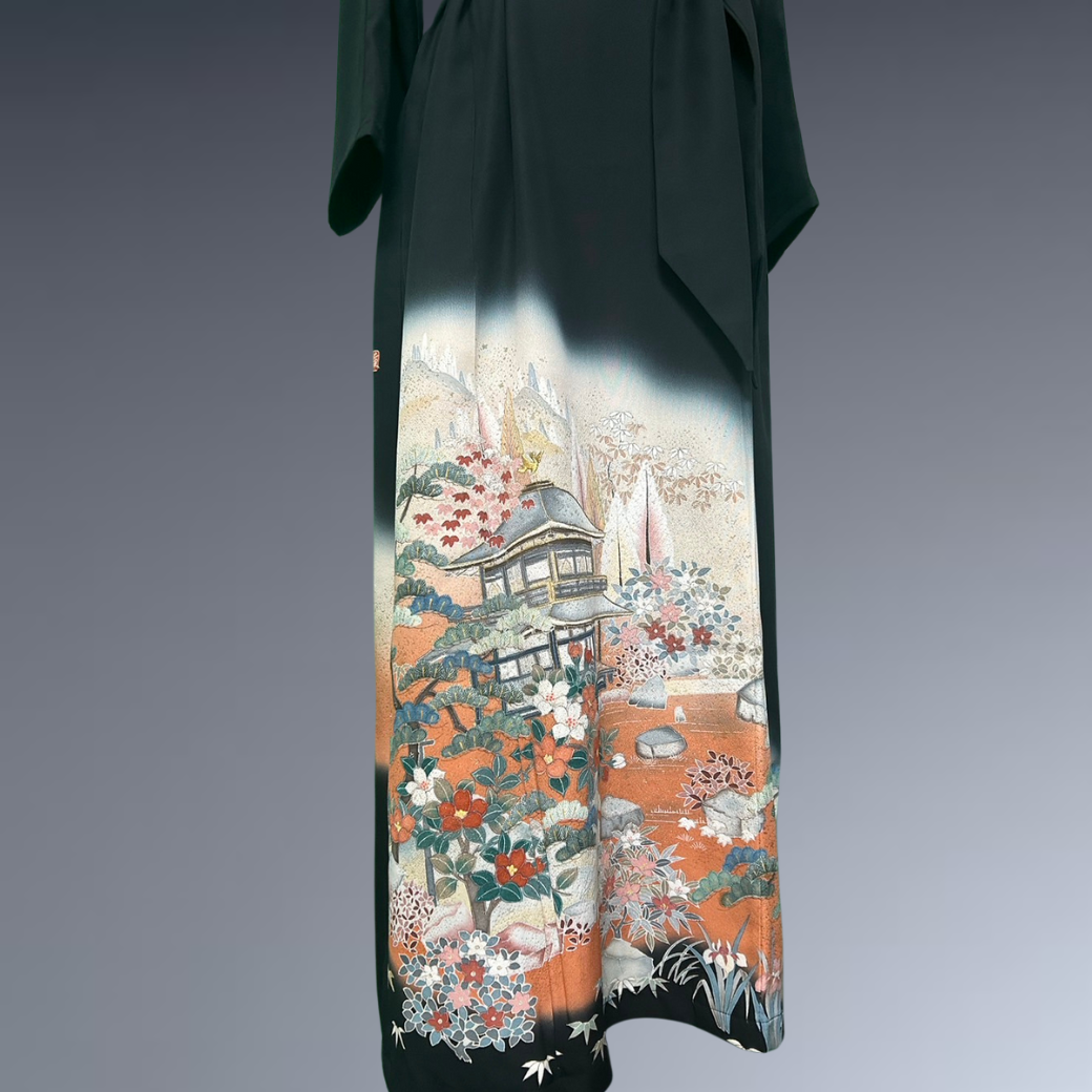 Black Ro Furisode Artisanal Silver Pavilion with Flowers Kimono Dress