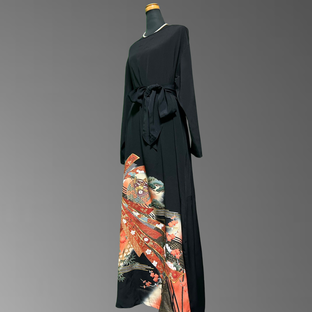 Black Ro Furisode Bridge Pattern with Gold Trimmed Nosh Kimono Dress