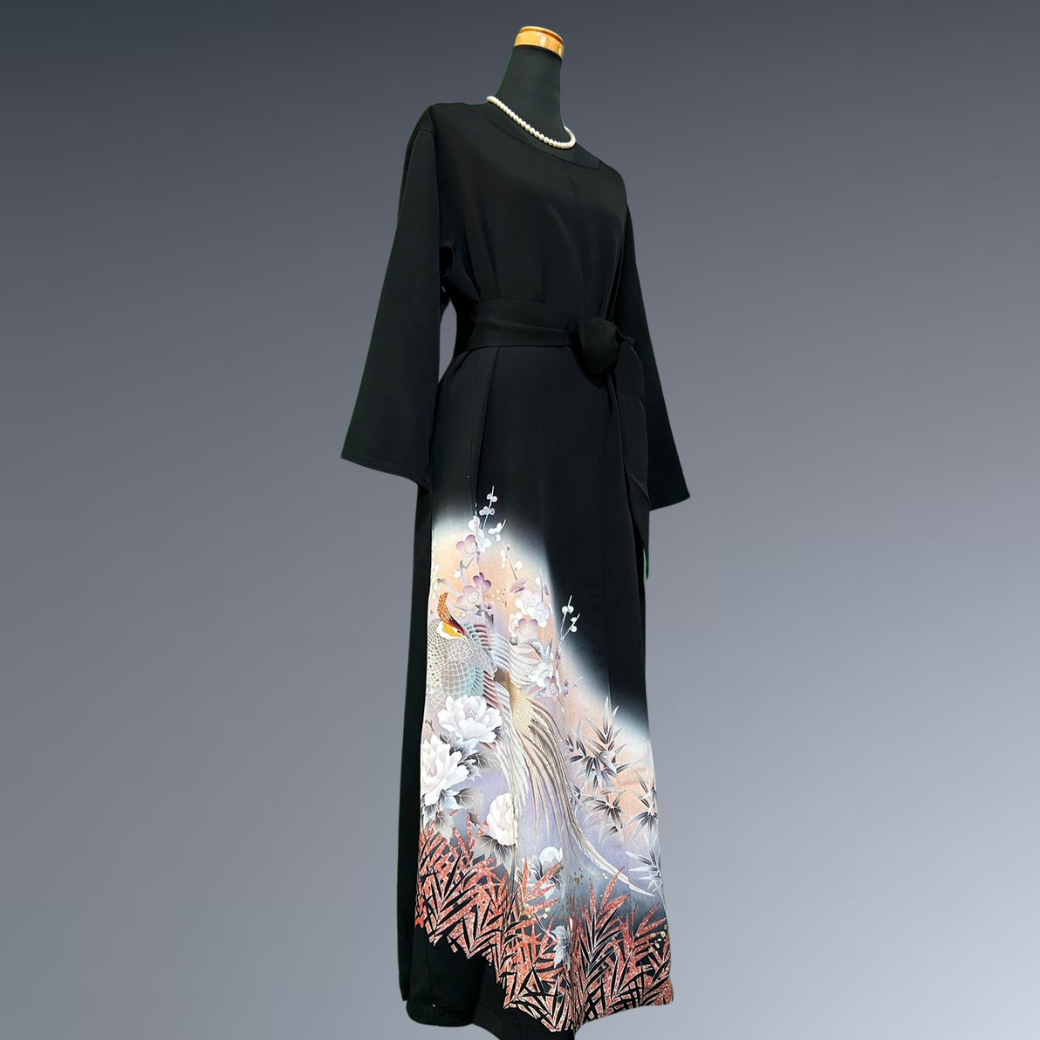 Black Ro Furisode Long-tailed Bird, Peony, and Plum Blossom Kimono Dress