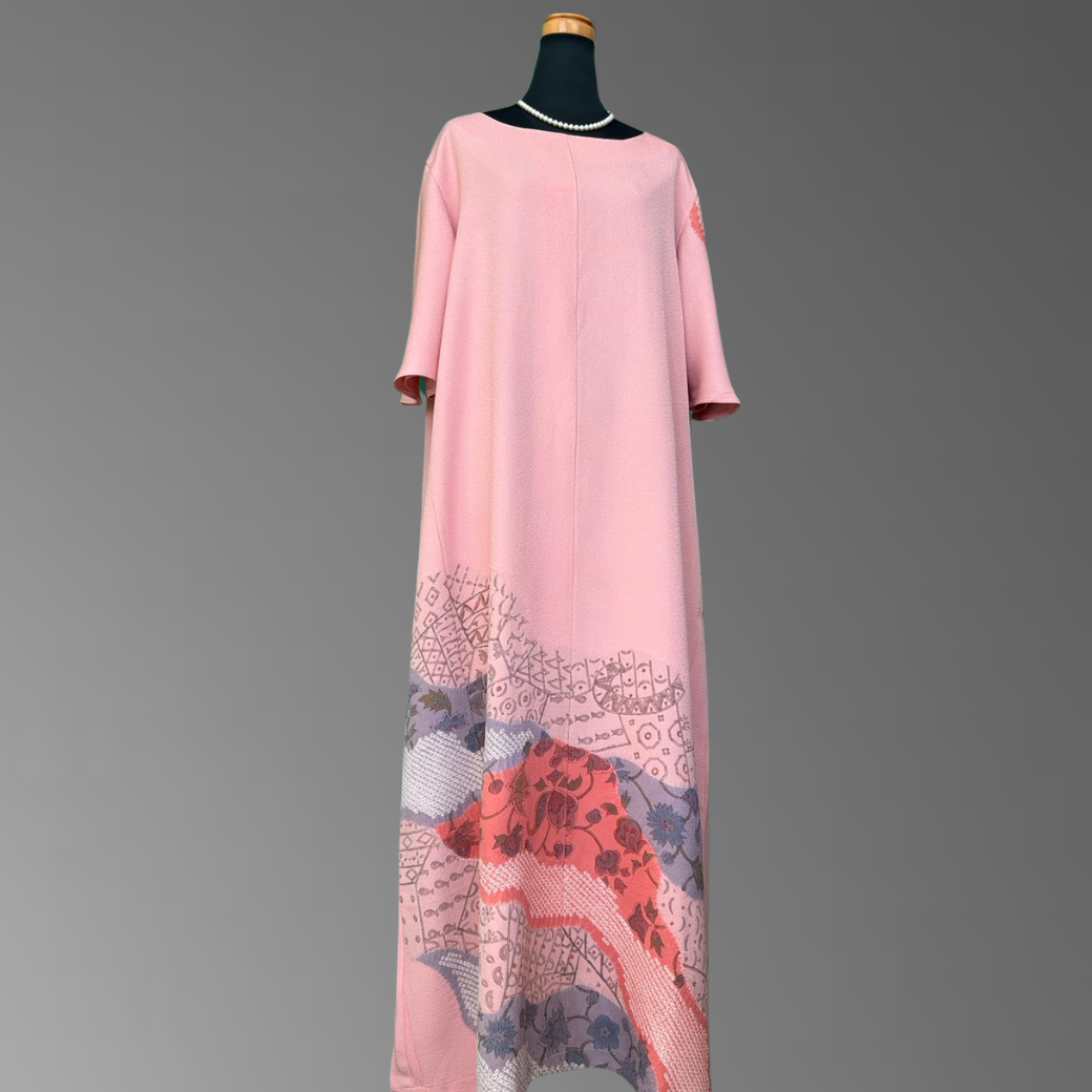 Iro-tomesode Kimono Dress with Partial Shibori and Oriental Motif