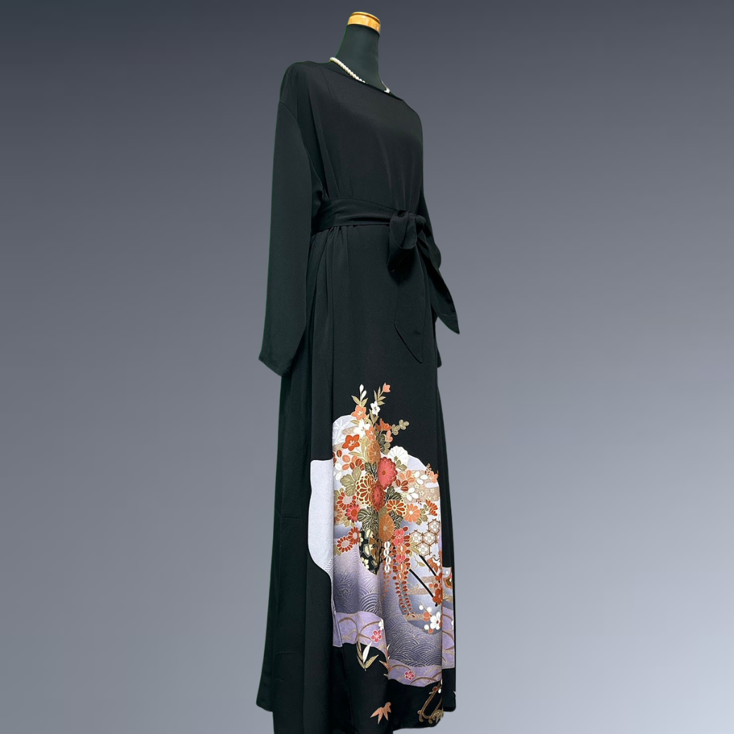 Black Ro Furisode Ripple Pattern and Flower Cart Kimono Dress