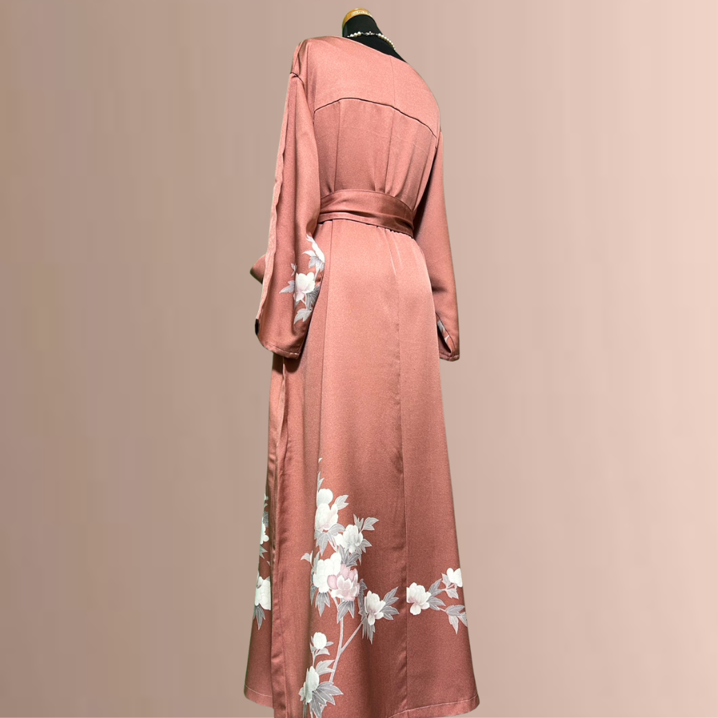 Houmongi Kimono Dress – Coral with White Blossoms