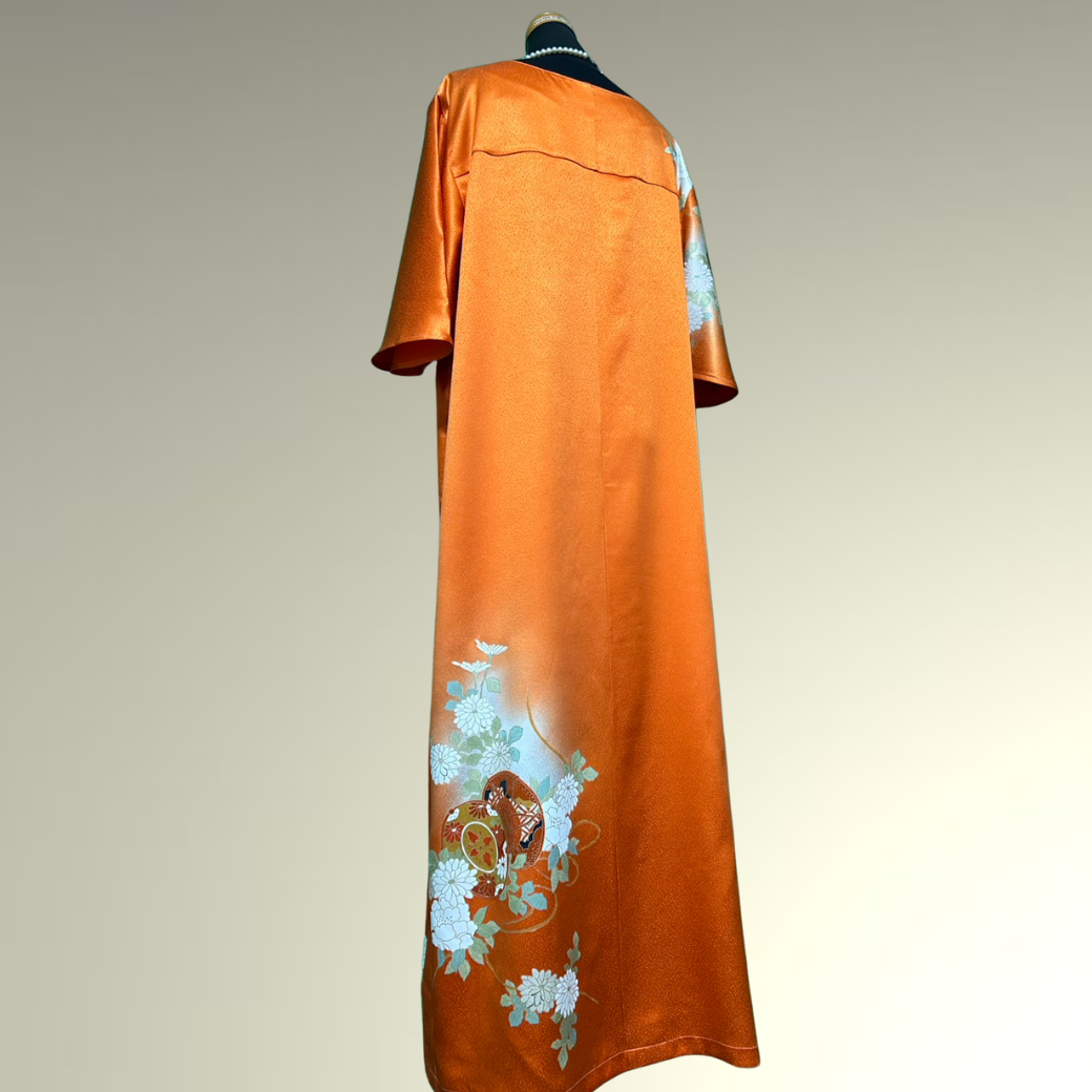 Furisode Kimono Dress with Embroidered Drum and Peony Motifs