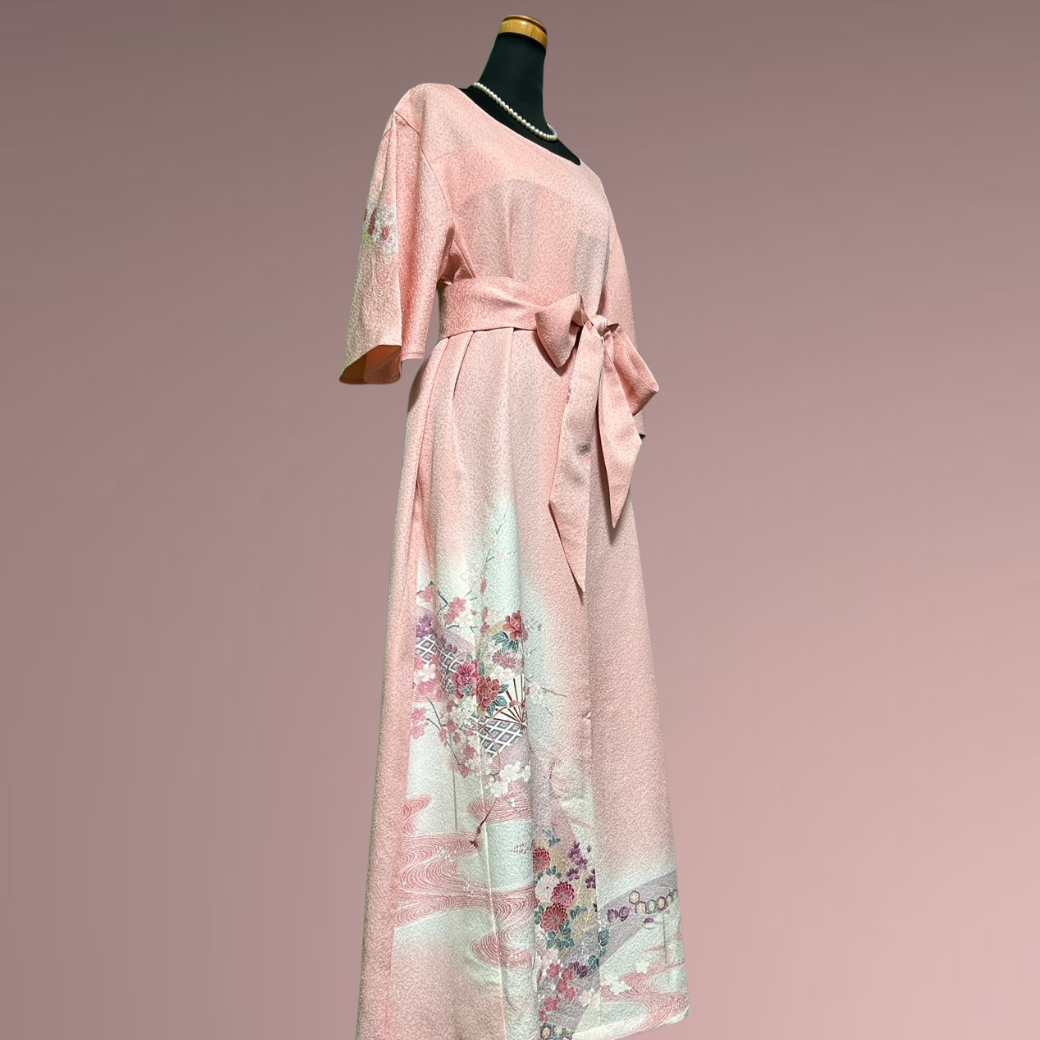 Tsukesage Kimono Dress with Dancing Fans and Flowing Water Pattern