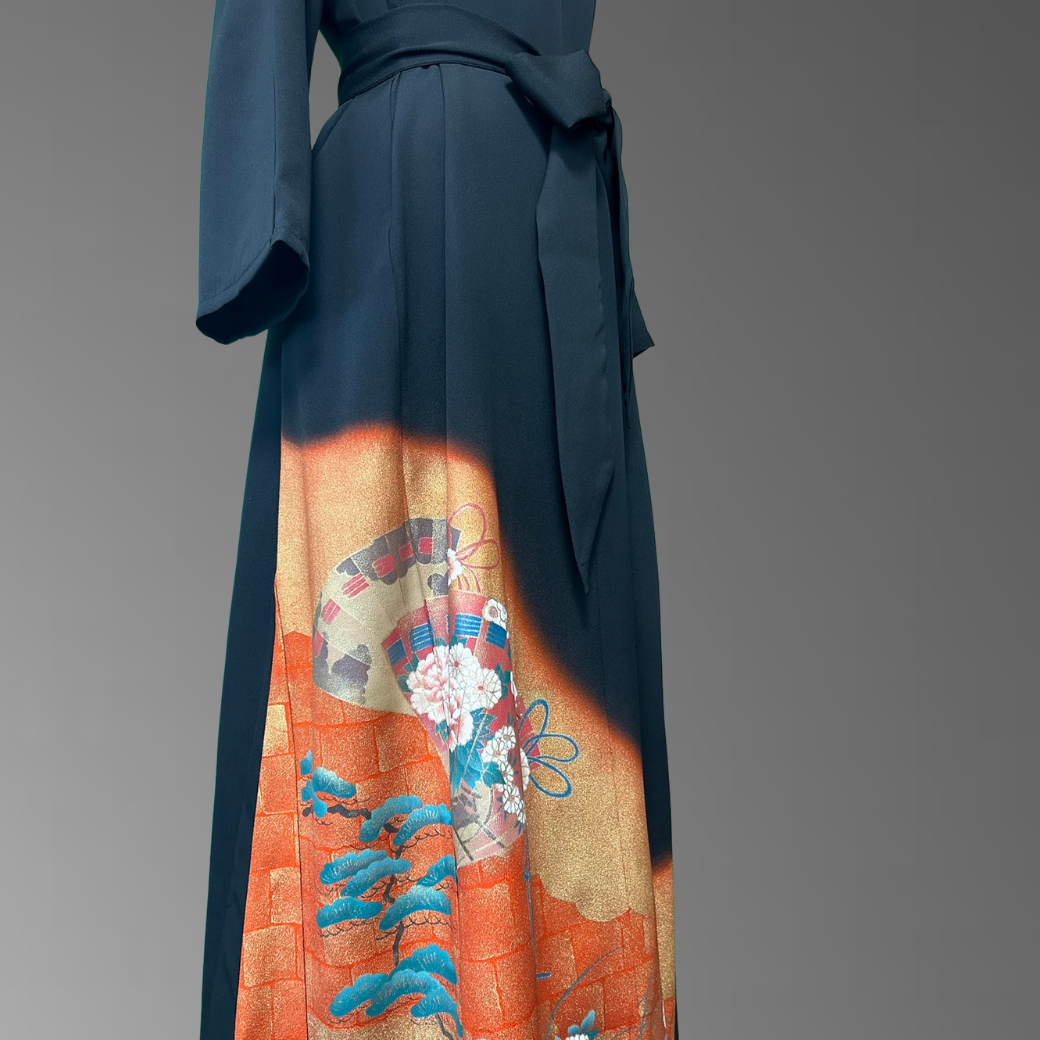 Kurotomesode Hioogi Pine and Chrysanthemum Pattern Kimono Dress