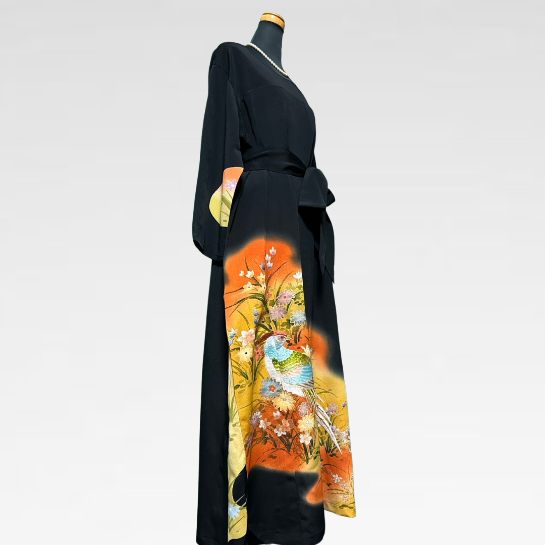 Black Ro Furisode Peacock Embroidery and Autumn Flowers Kimono Dress