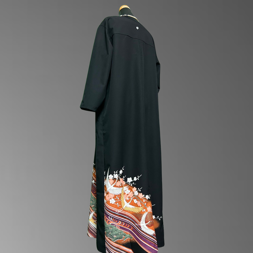 Black Ro Furisode Crane and Pine Plum Kimono Dress with Kabuki-Inspired Colors