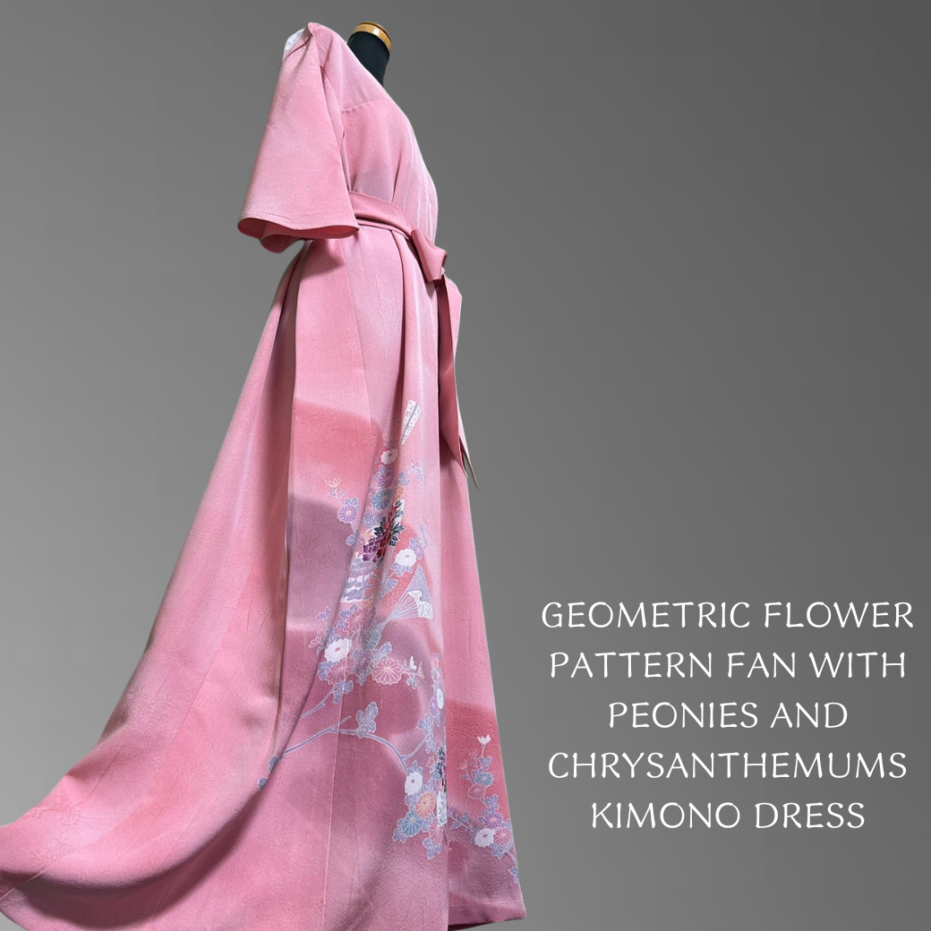 Geometric Flower Pattern Fan with Peonies and Chrysanthemums Kimono Dress