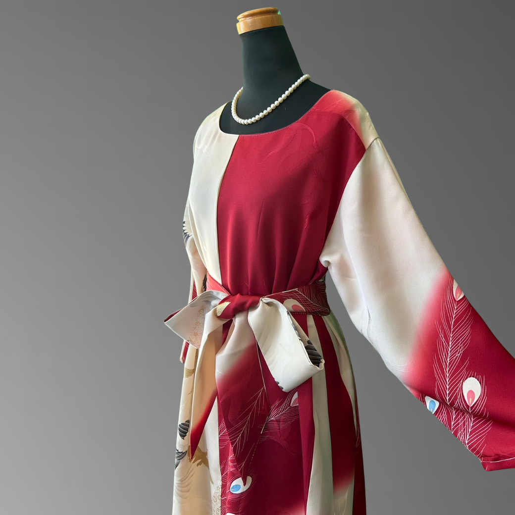 Furisode Crane and Peacock Feather Pattern Kimono Dress