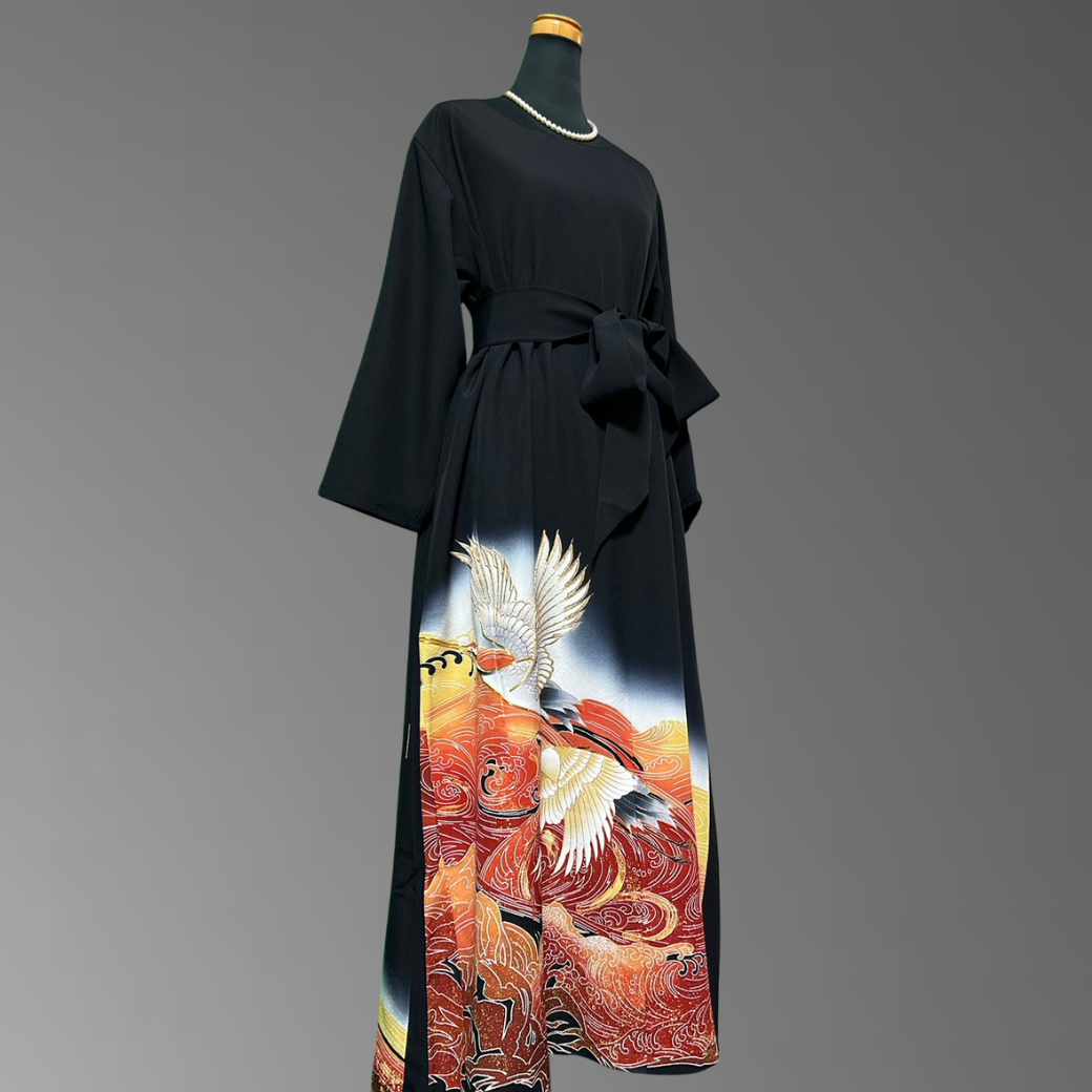 Black Ro Furisode Artisanal Crane and Ripple Pattern Kimono Dress