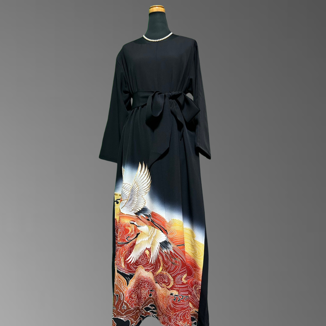 Black Ro Furisode Artisanal Crane and Ripple Pattern Kimono Dress