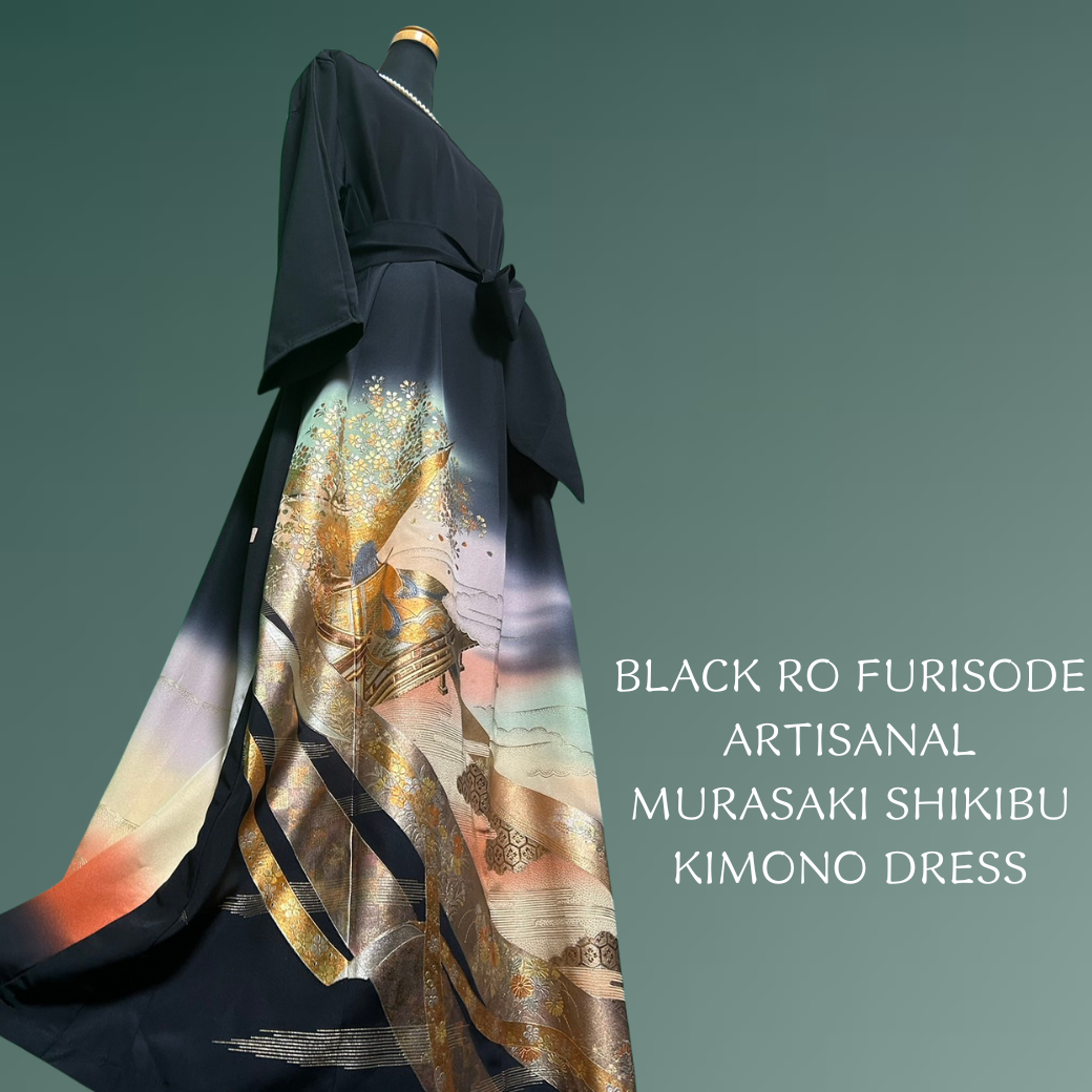 Black Ro Furisode Artisanal Murasaki Shikibu Kimono Dress