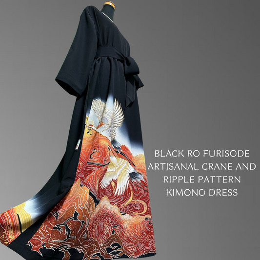 Black Ro Furisode Artisanal Crane and Ripple Pattern Kimono Dress