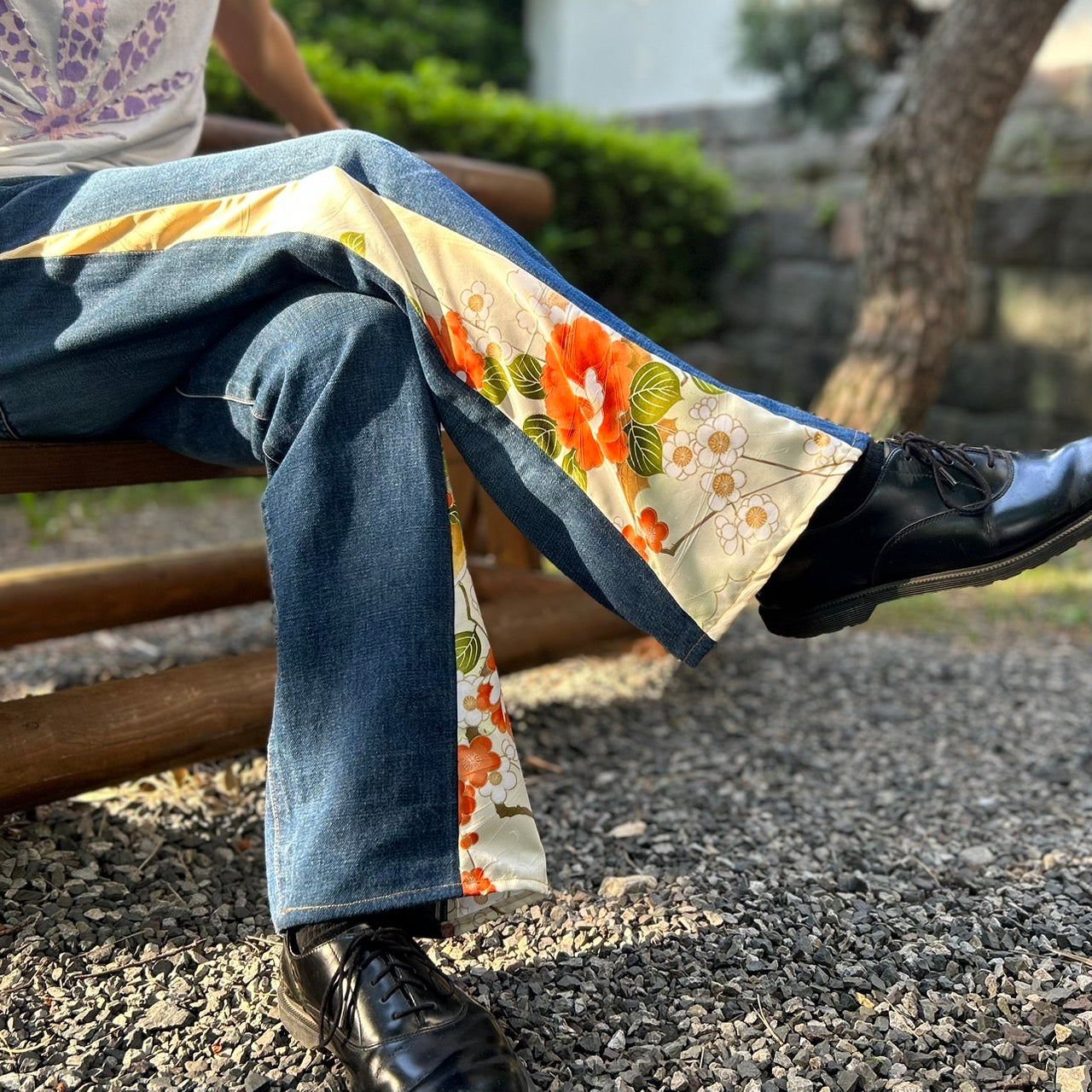 Kimono Denim Pants " with Peony and Plum Pattern"