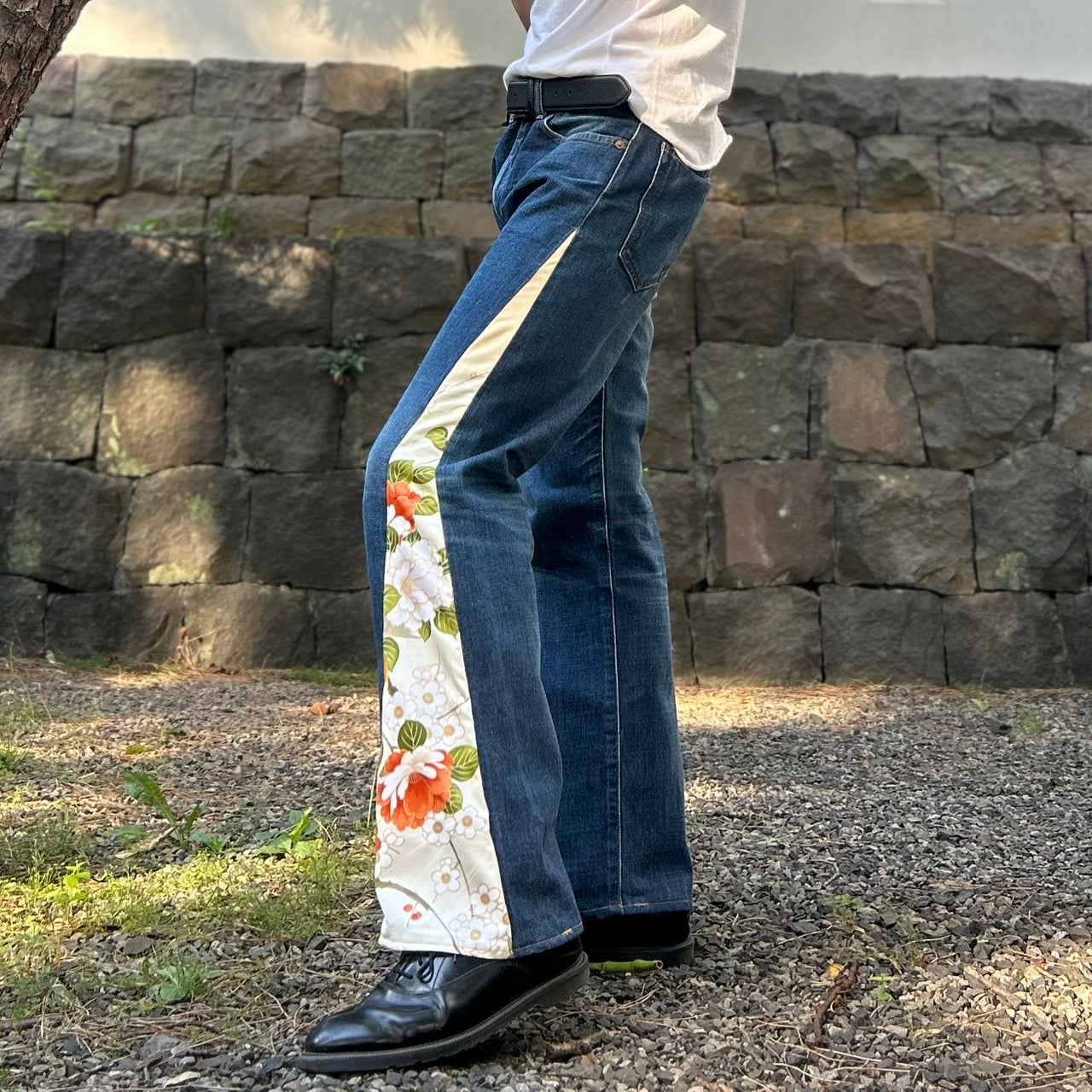 Kimono Denim Pants " with Peony and Plum Pattern"