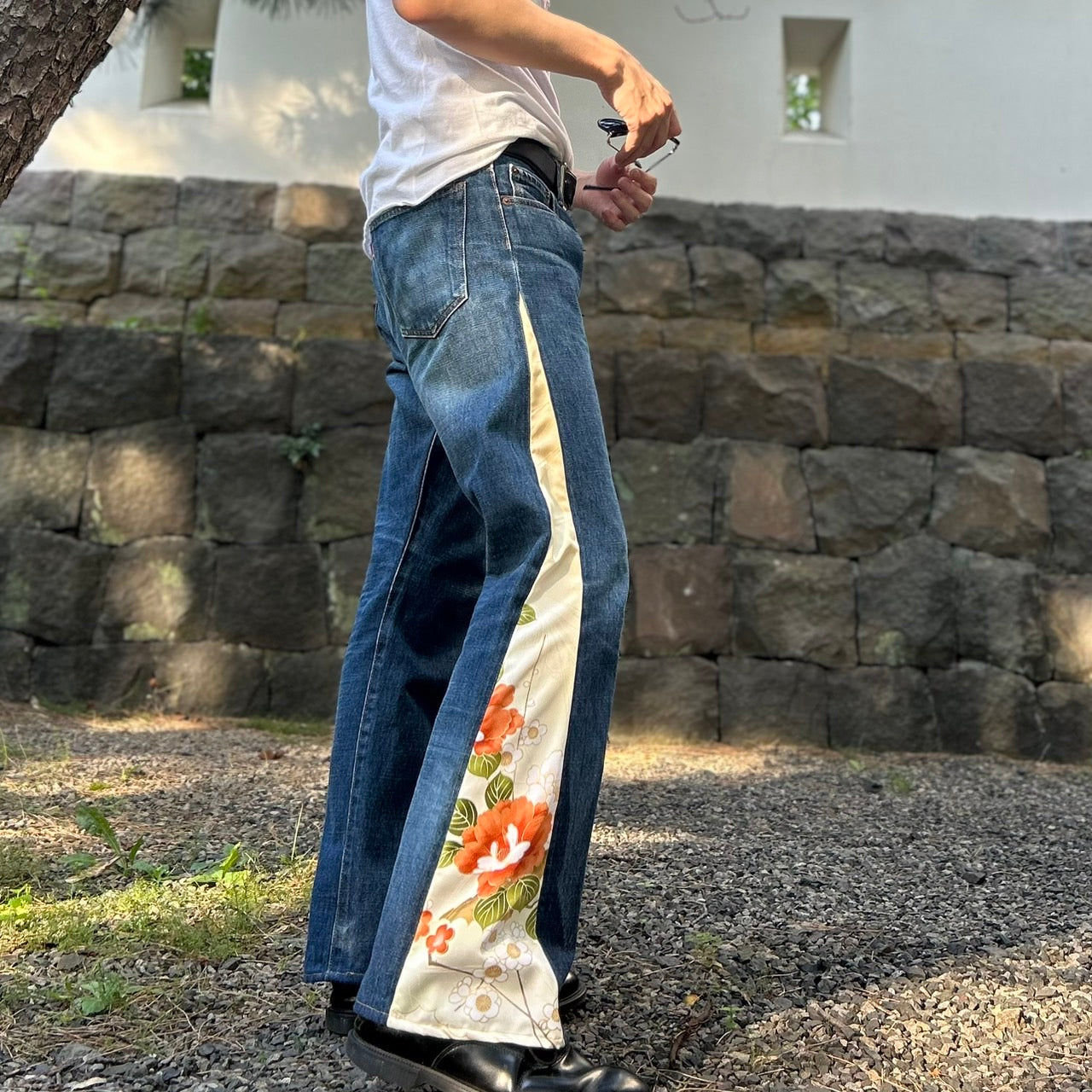 Kimono Denim Pants " with Peony and Plum Pattern"