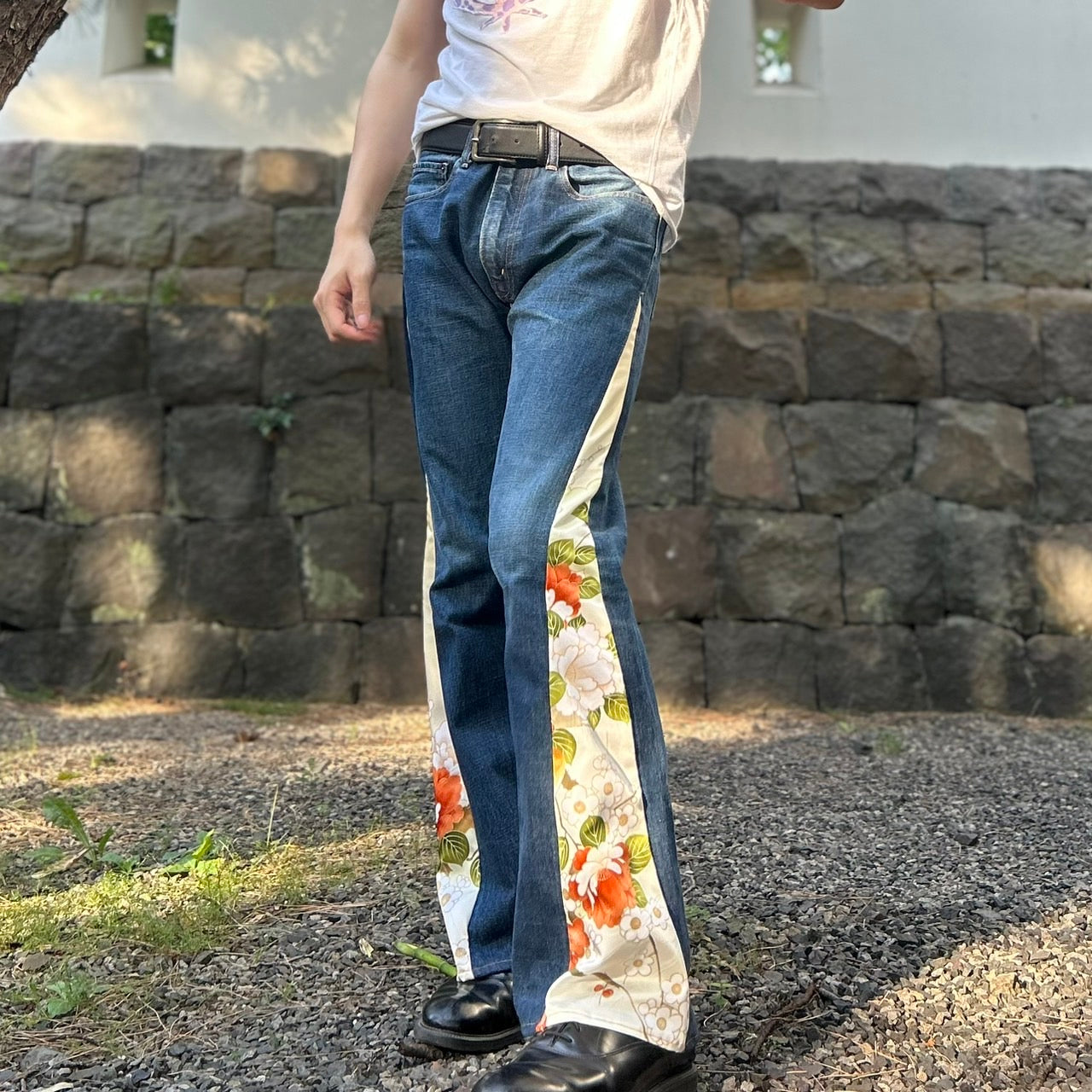 Kimono Denim Pants " with Peony and Plum Pattern"