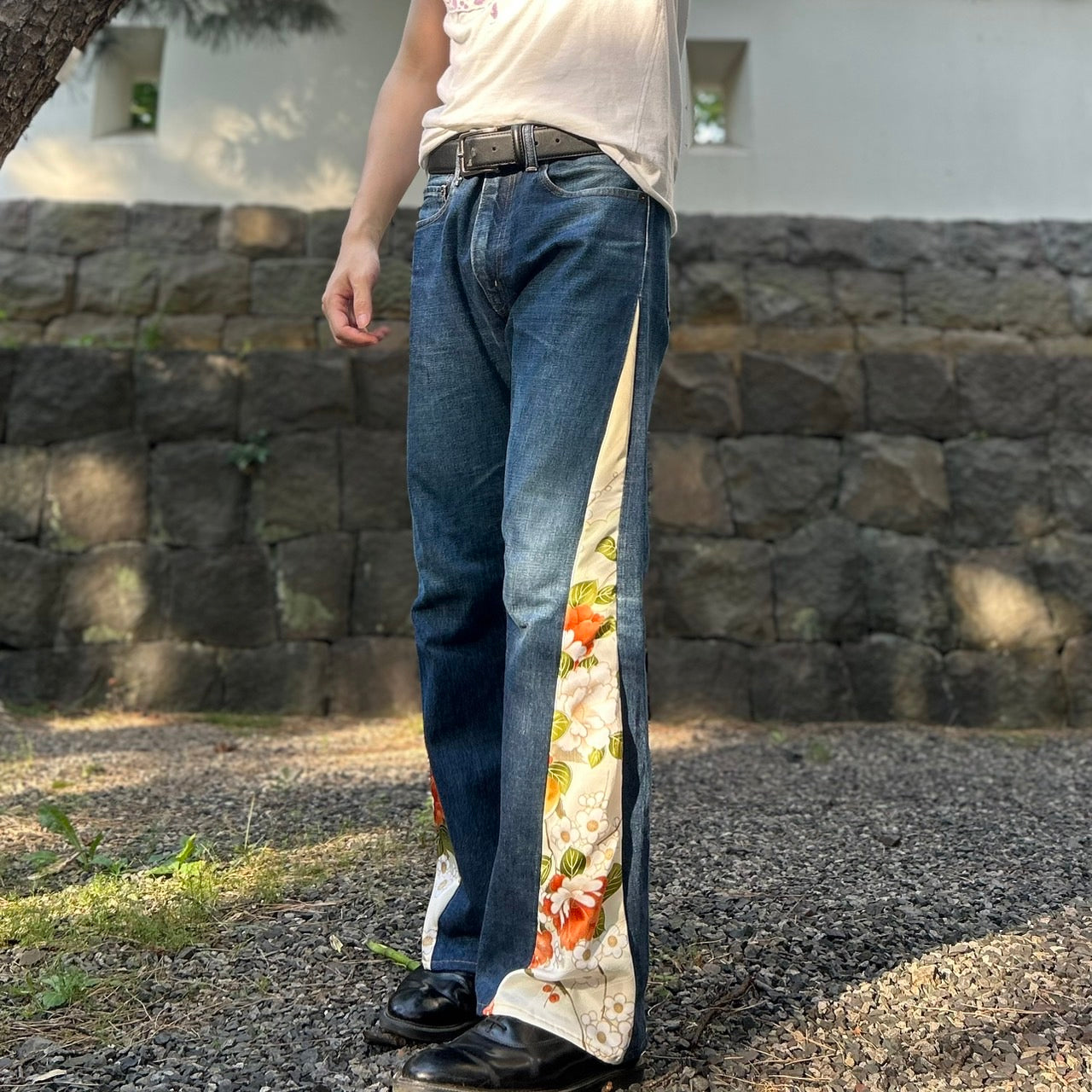 Kimono Denim Pants " with Peony and Plum Pattern"