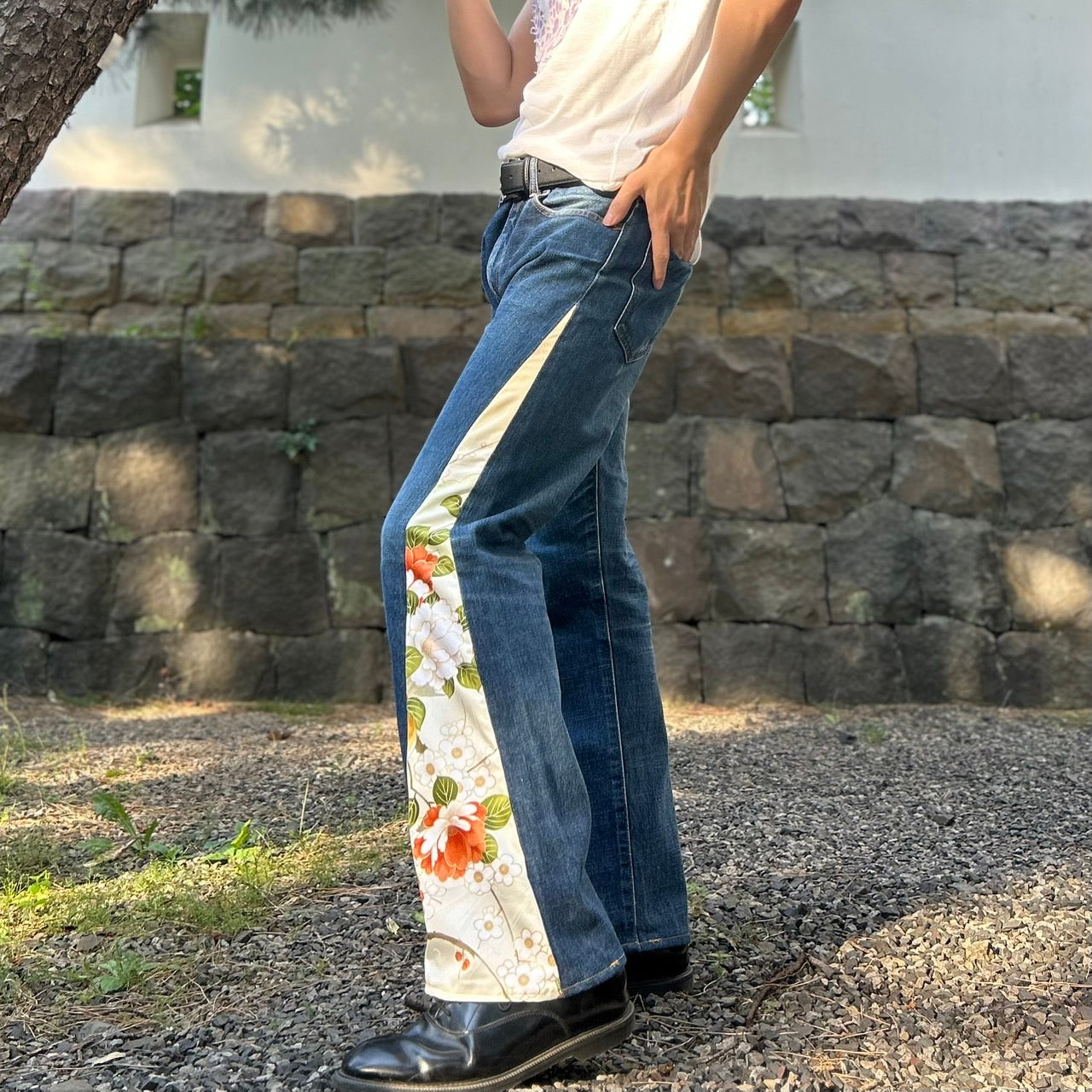 Kimono Denim Pants " with Peony and Plum Pattern"