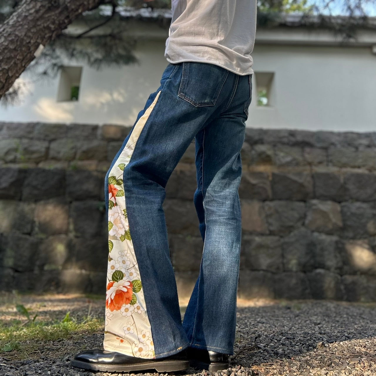 Kimono Denim Pants " with Peony and Plum Pattern"