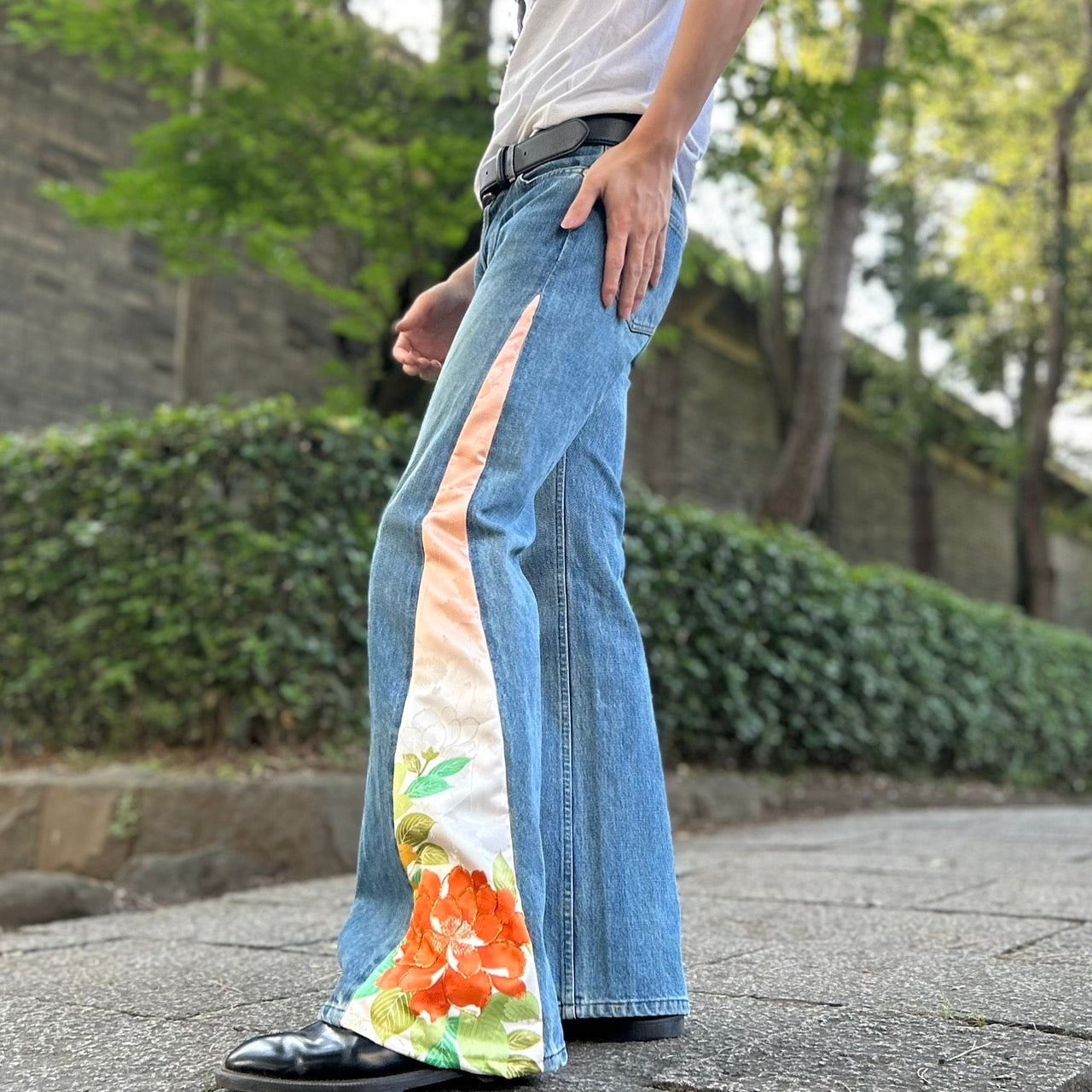 Kimono Denim Pants " with Peony Pattern"