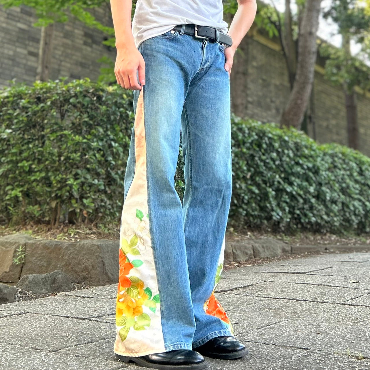 Kimono Denim Pants " with Peony Pattern"