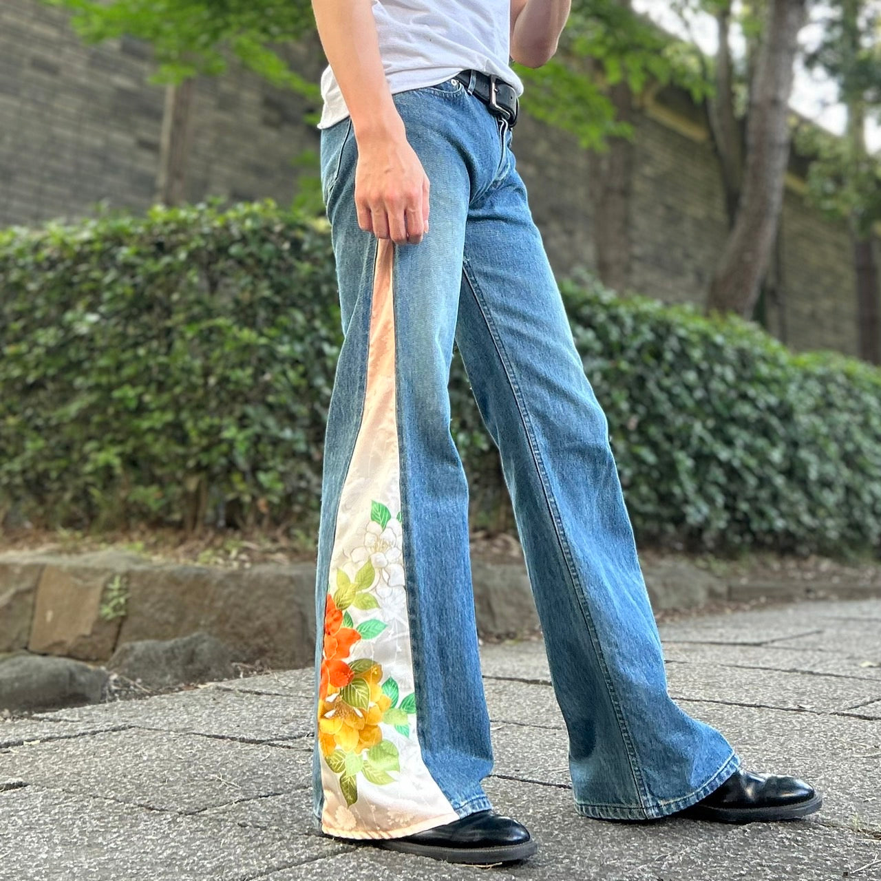 Kimono Denim Pants " with Peony Pattern"