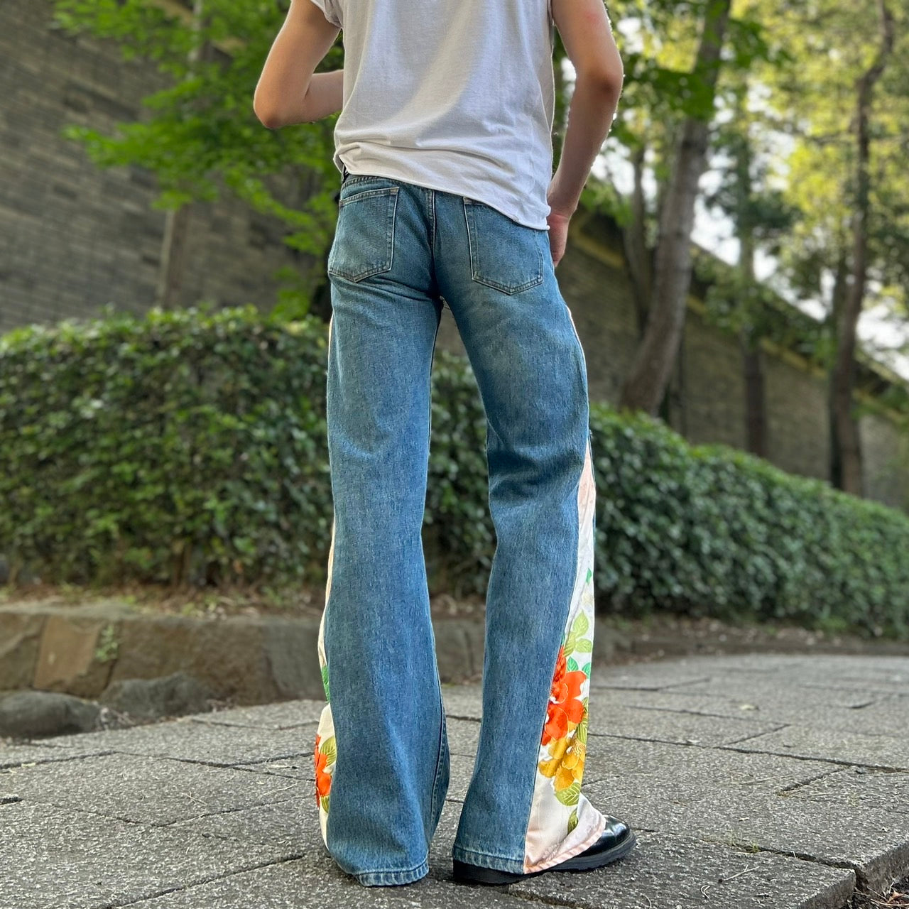 Kimono Denim Pants " with Peony Pattern"