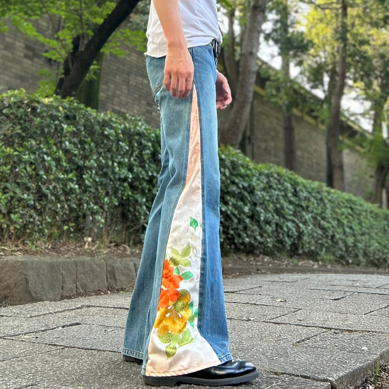 Kimono Denim Pants " with Peony Pattern"