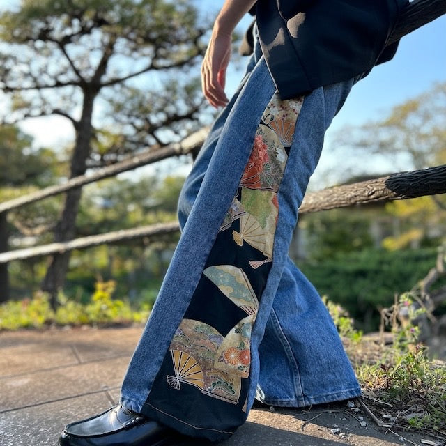 Kimono Denim Pants " with Folding Fan Pattern"